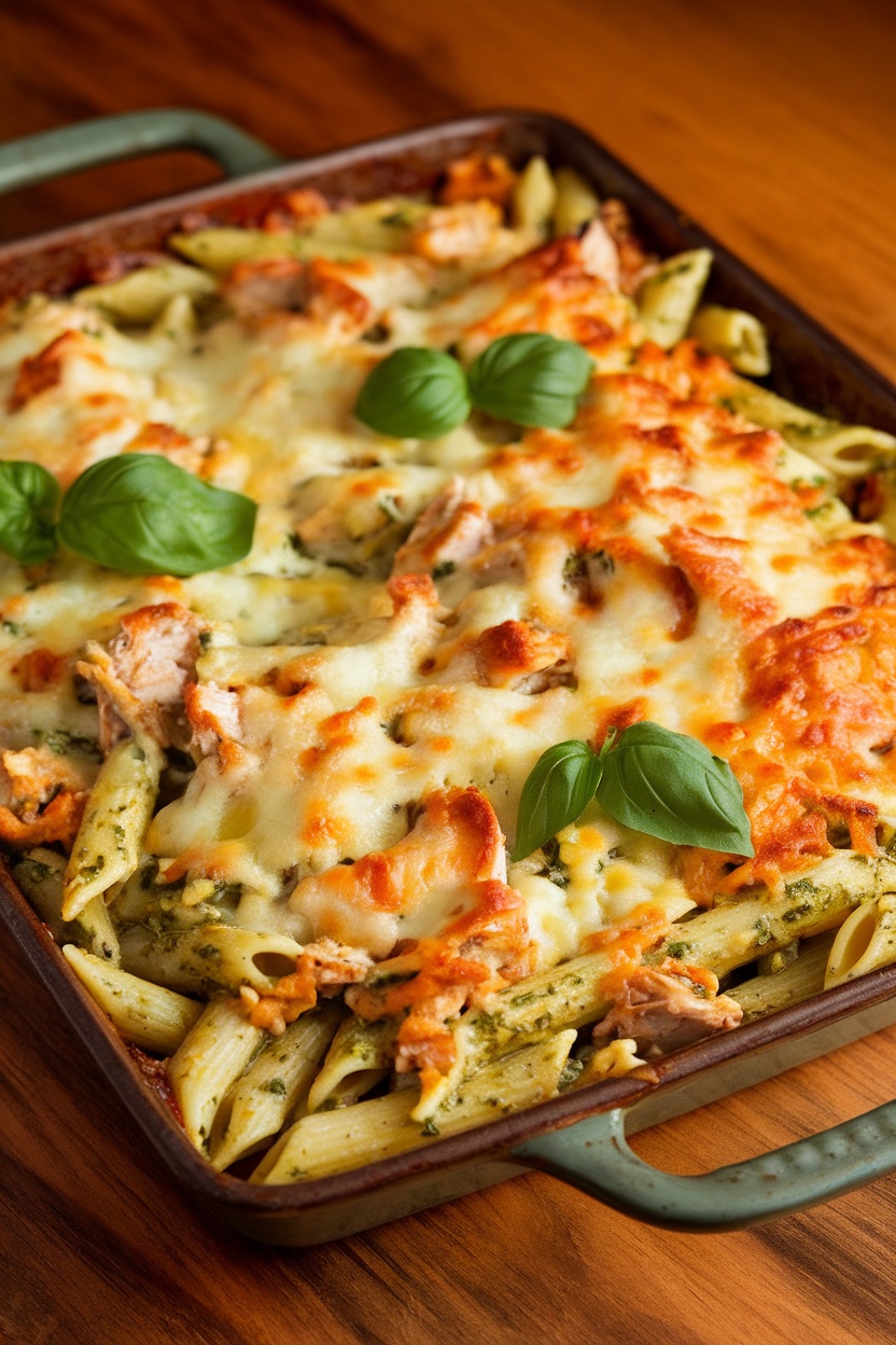 Cheesy pesto chicken penne bake in a rustic dish, garnished with basil, on a wooden table.